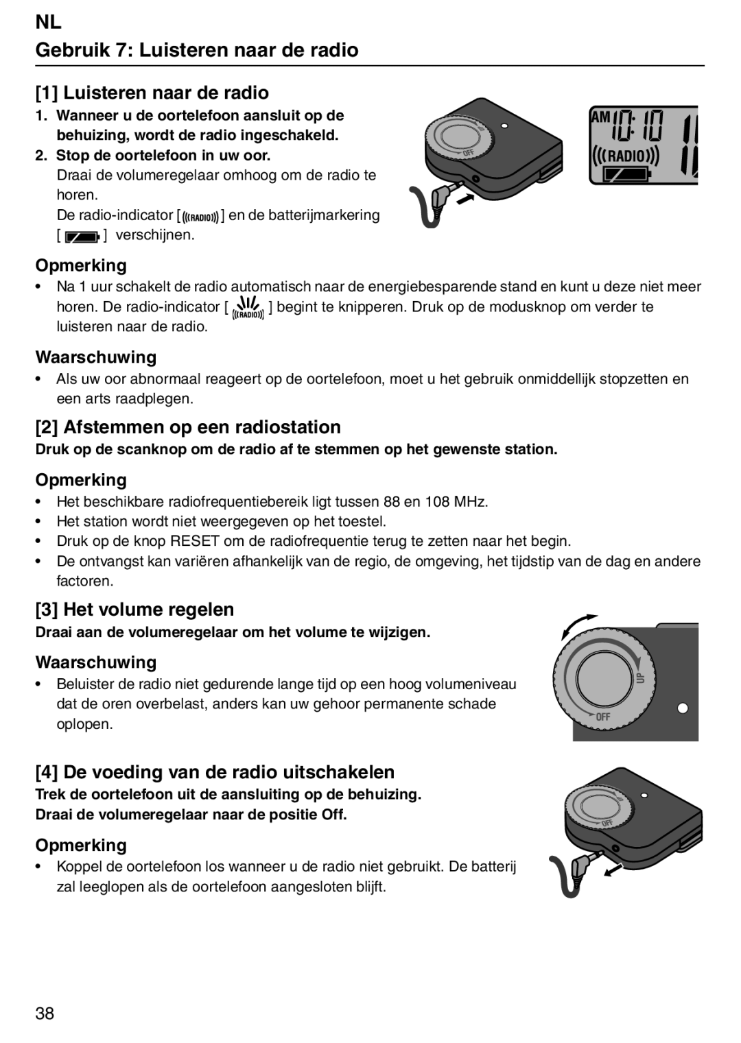 Tanita PD640 instruction manual Gebruik 7 Luisteren naar de radio, Afstemmen op een radiostation, Het volume regelen 