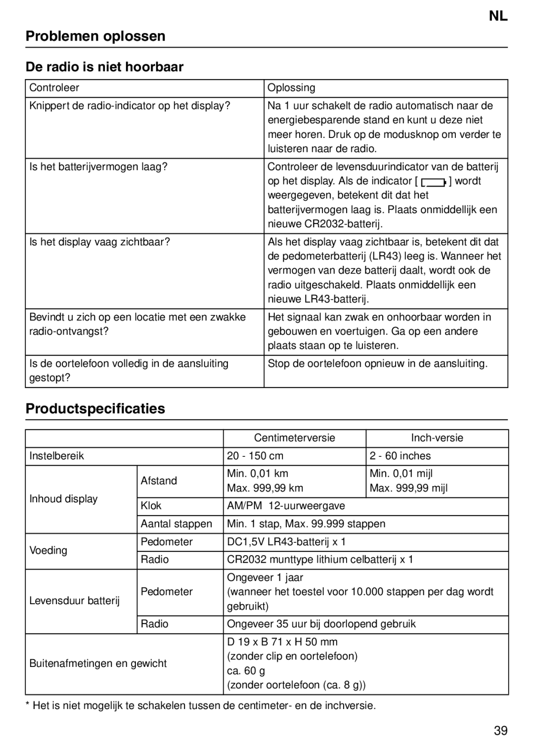 Tanita PD640 instruction manual Problemen oplossen, Productspecificaties, De radio is niet hoorbaar 