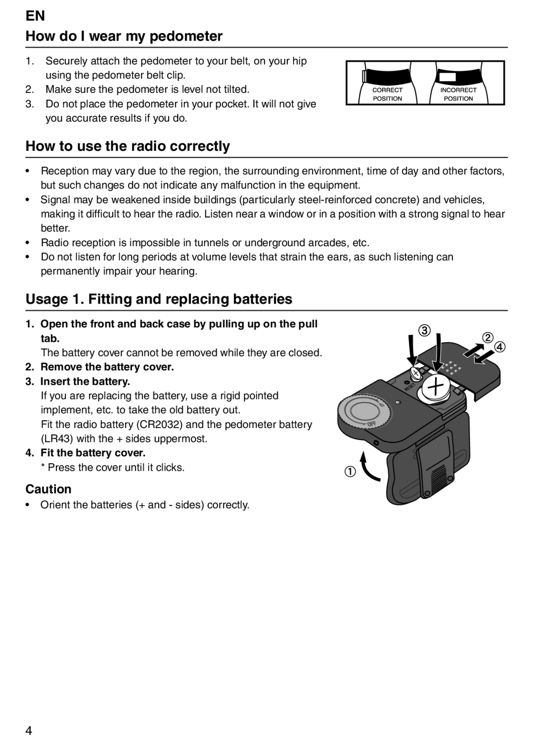 Tanita PD640 How do I wear my pedometer, How to use the radio correctly, Usage 1. Fitting and replacing batteries 