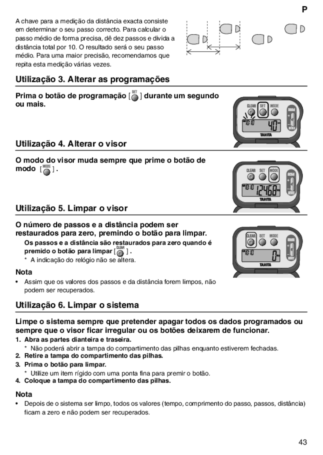 Tanita PD640 Utilização 3. Alterar as programações, Utilização 4. Alterar o visor, Utilização 5. Limpar o visor 