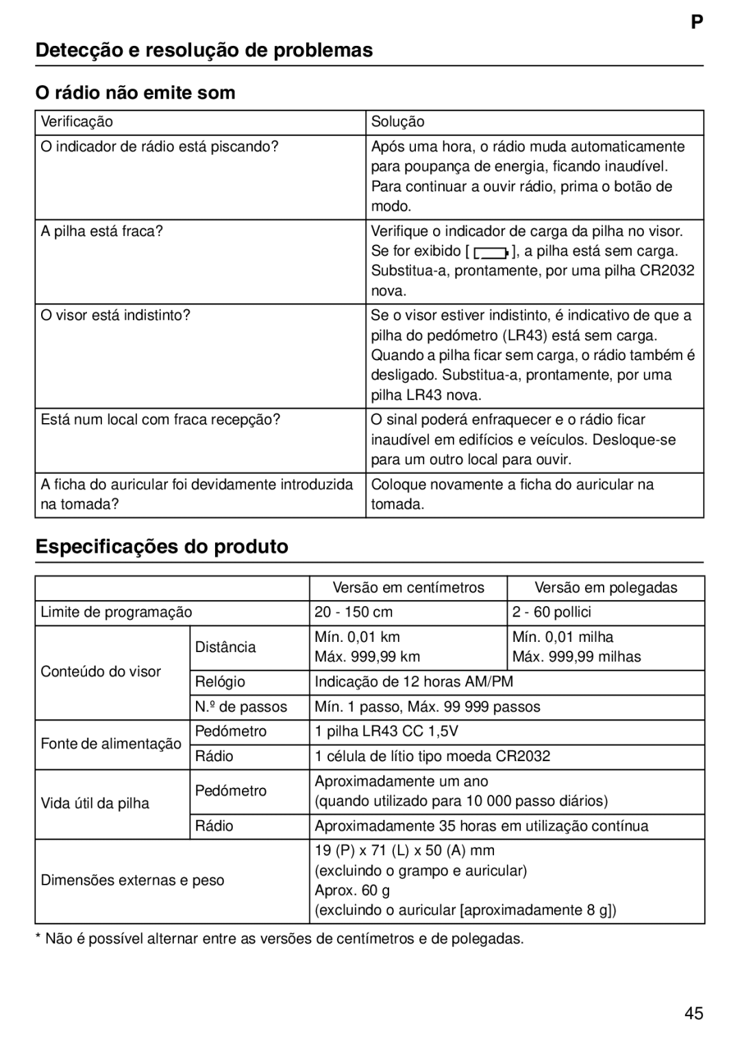 Tanita PD640 instruction manual Detecção e resolução de problemas, Especificações do produto, Rádio não emite som 