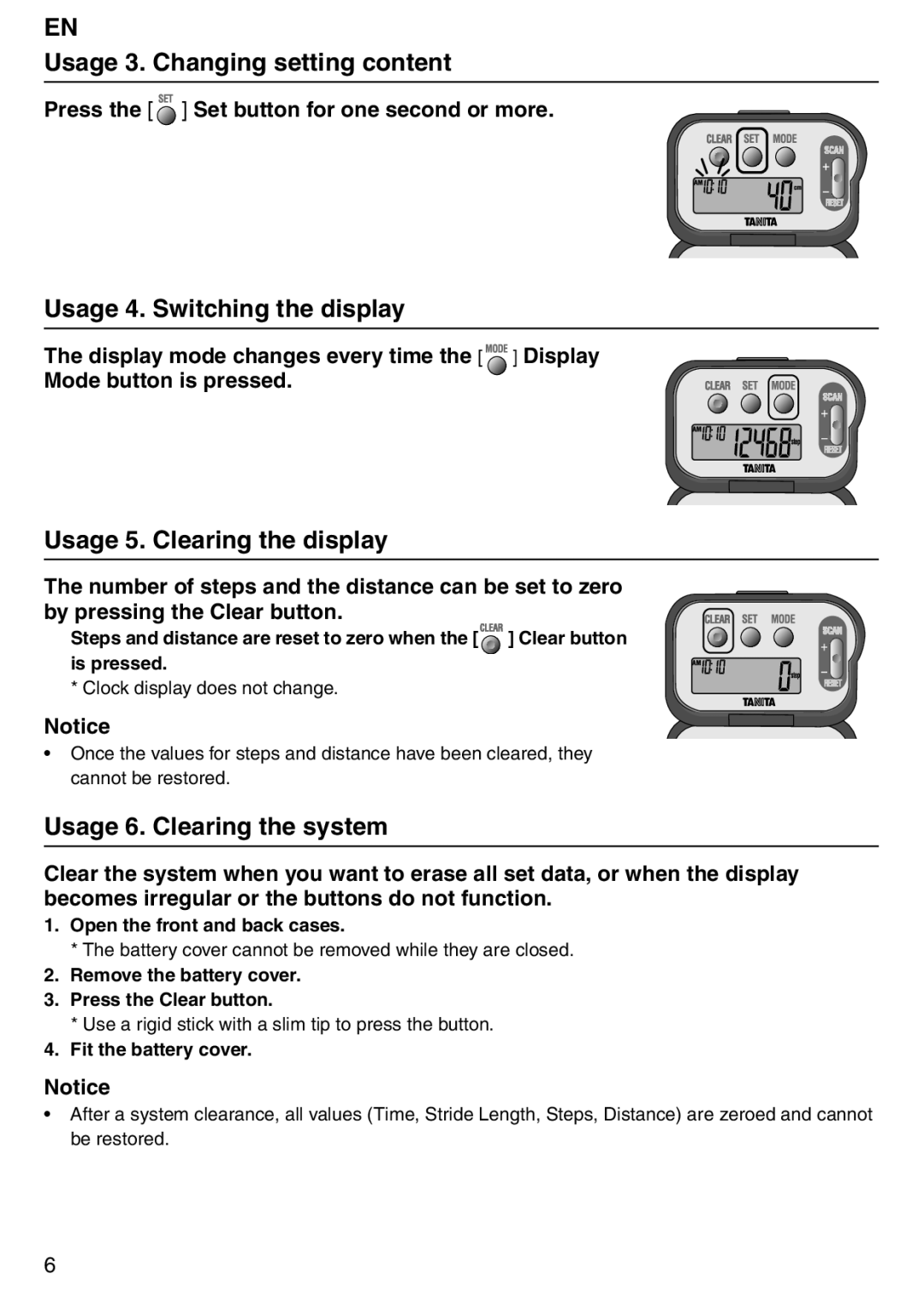 Tanita PD640 Usage 3. Changing setting content, Usage 4. Switching the display, Usage 5. Clearing the display 