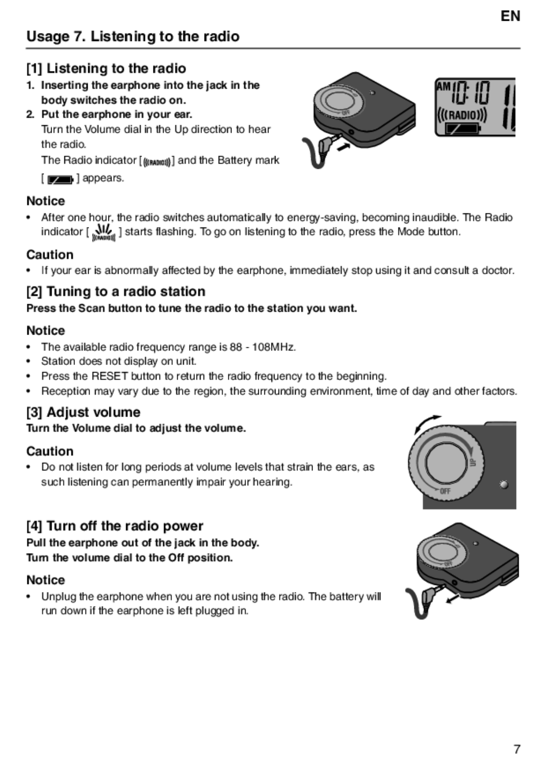 Tanita PD640 Usage 7. Listening to the radio, Tuning to a radio station, Adjust volume, Turn off the radio power 