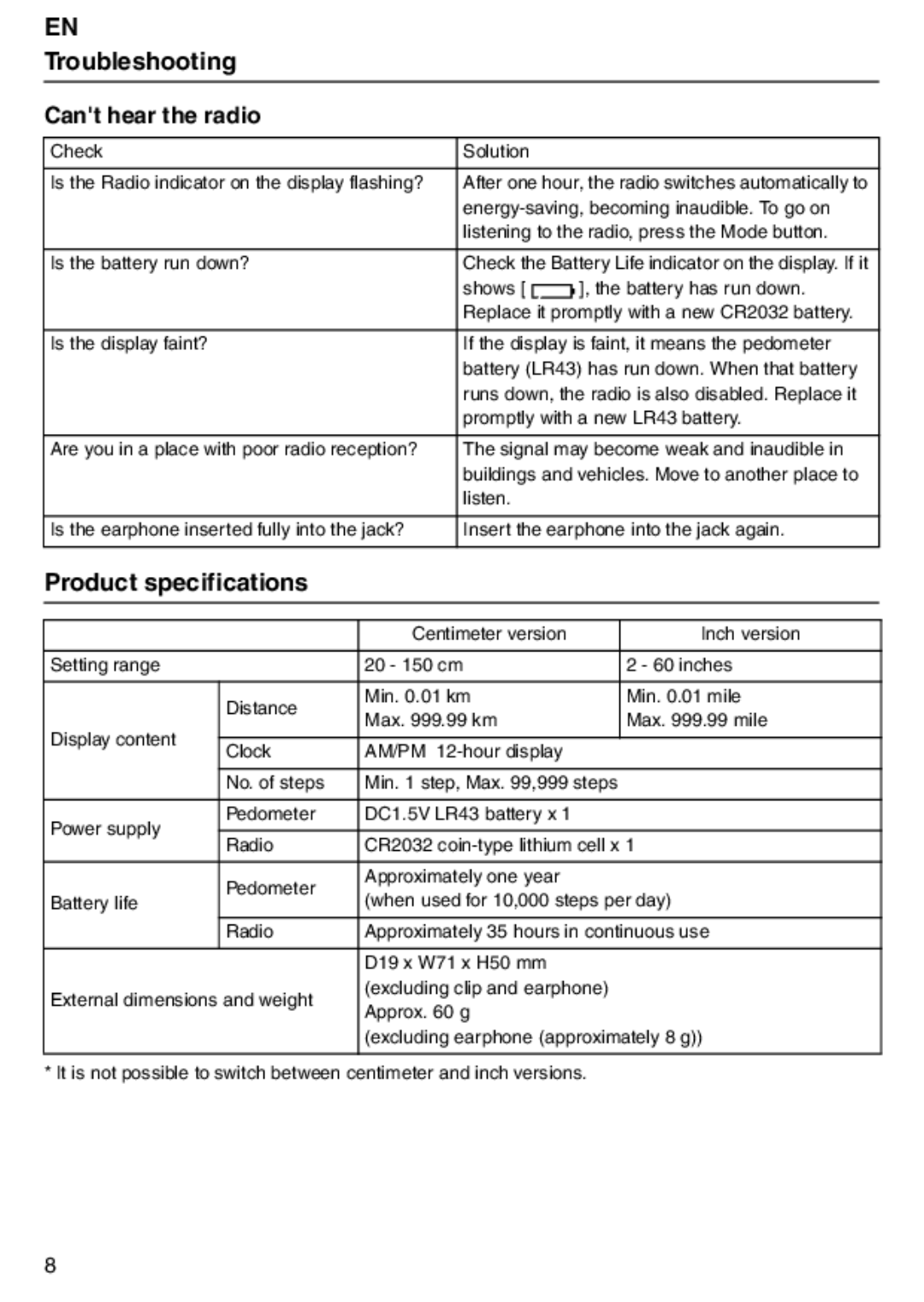 Tanita PD640 instruction manual Troubleshooting, Product specifications, Cant hear the radio 