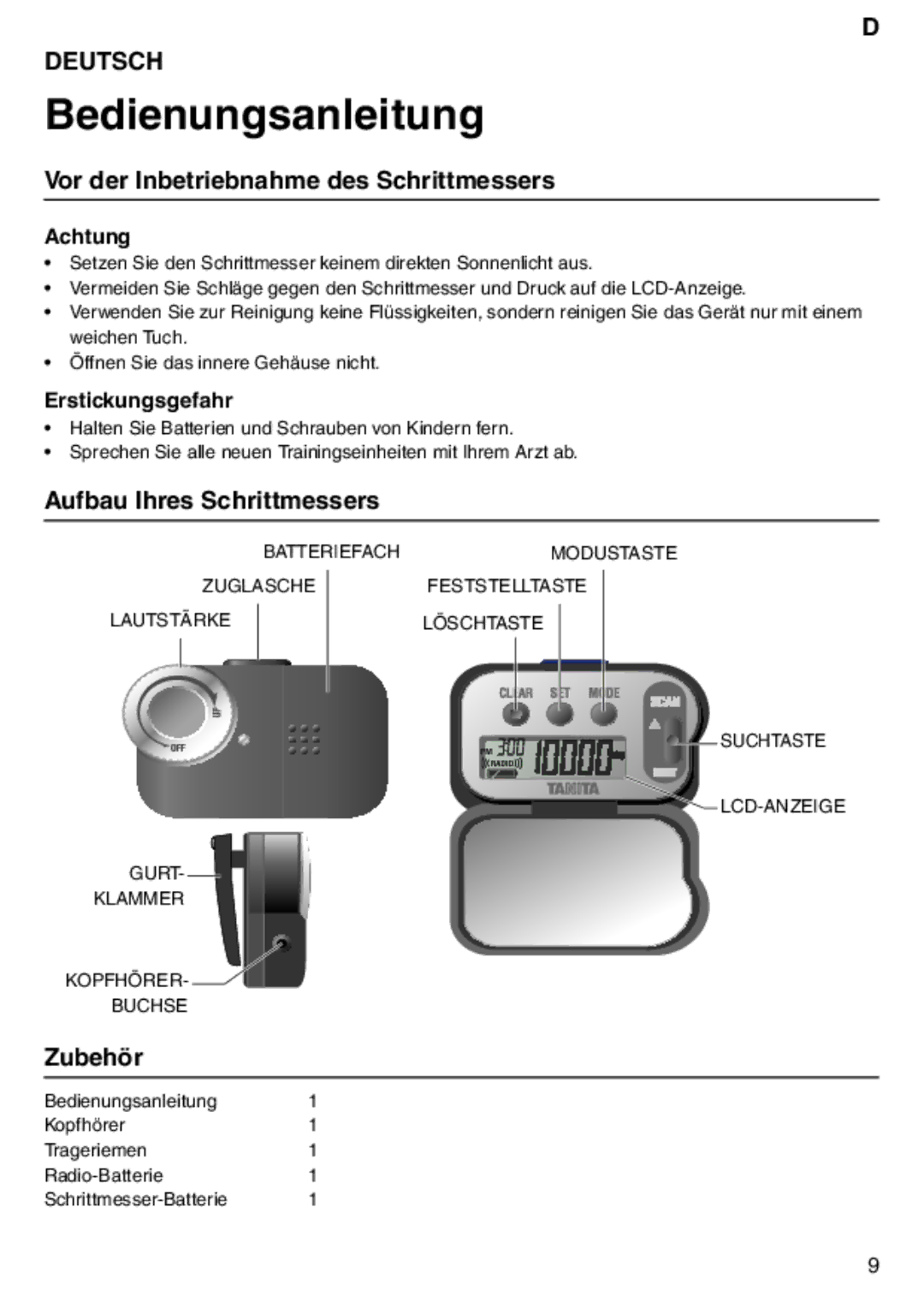 Tanita PD640 Vor der Inbetriebnahme des Schrittmessers, Aufbau Ihres Schrittmessers, Zubehör, Achtung, Erstickungsgefahr 