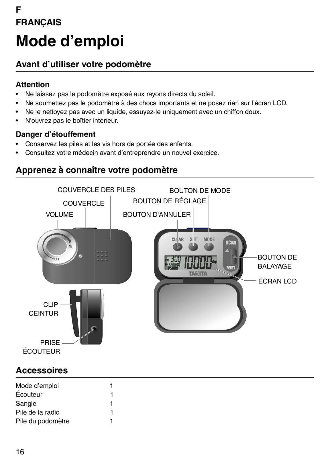 Tanita PD640 Mode d’emploi, F Français, Avant d’utiliser votre podomètre, Apprenez à connaître votre podomètre 