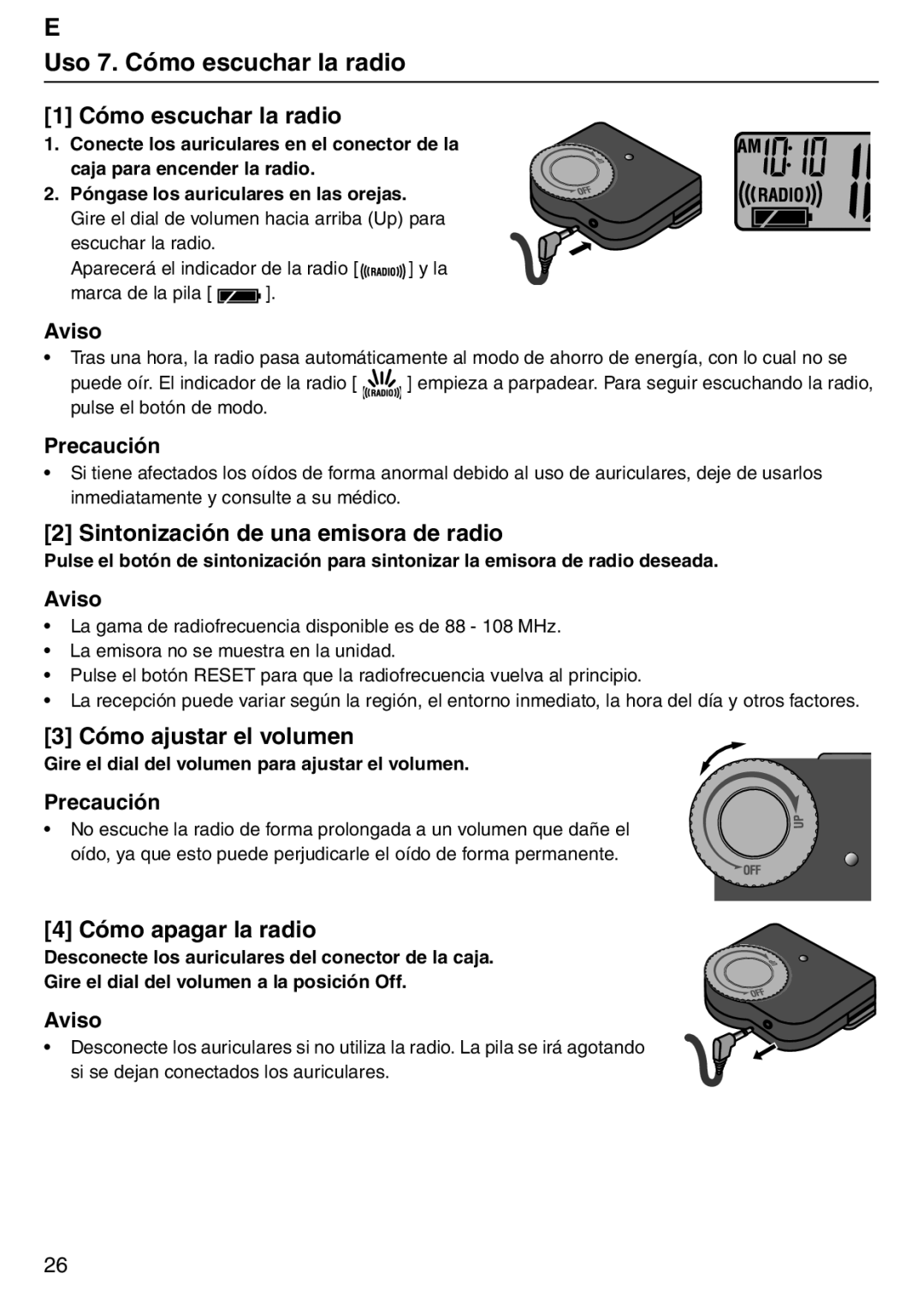 Tanita PD640 E Uso 7. Cómo escuchar la radio, 1 Cómo escuchar la radio, Sintonización de una emisora de radio, Aviso 