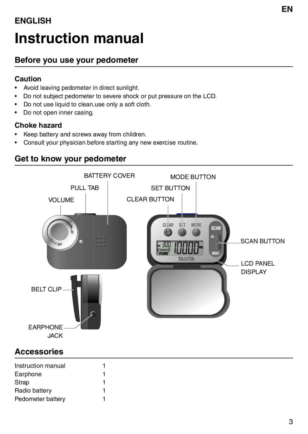 Tanita PD640 En English, Before you use your pedometer, Get to know your pedometer, Accessories, Choke hazard 