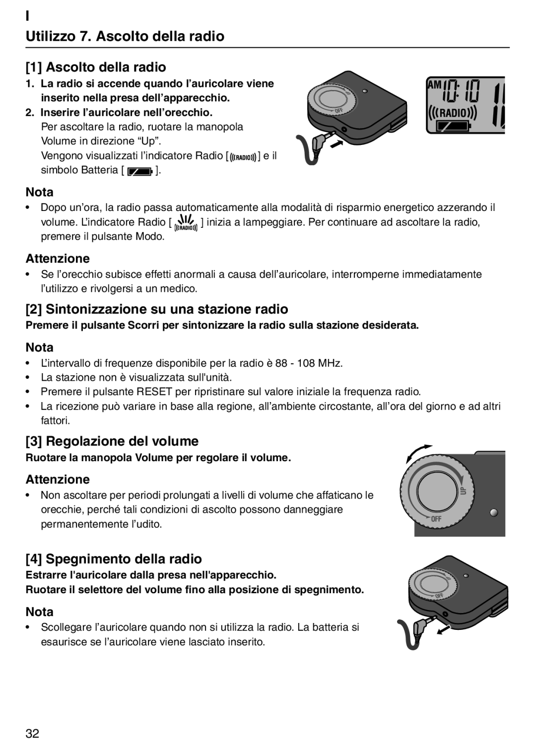 Tanita PD640 I Utilizzo 7. Ascolto della radio, Sintonizzazione su una stazione radio, Regolazione del volume, Nota 