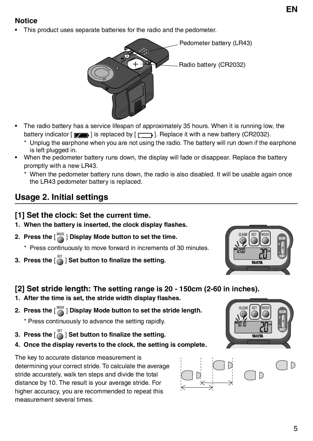 Tanita PD640 Usage 2. Initial settings, 1Set the clock Set the current time, Press the Set button to finalize the setting 