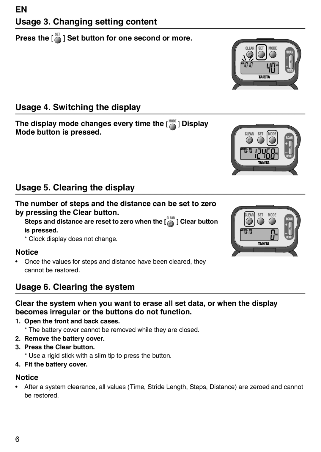Tanita PD640 EN Usage 3. Changing setting content, Usage 4. Switching the display, Usage 5. Clearing the display 