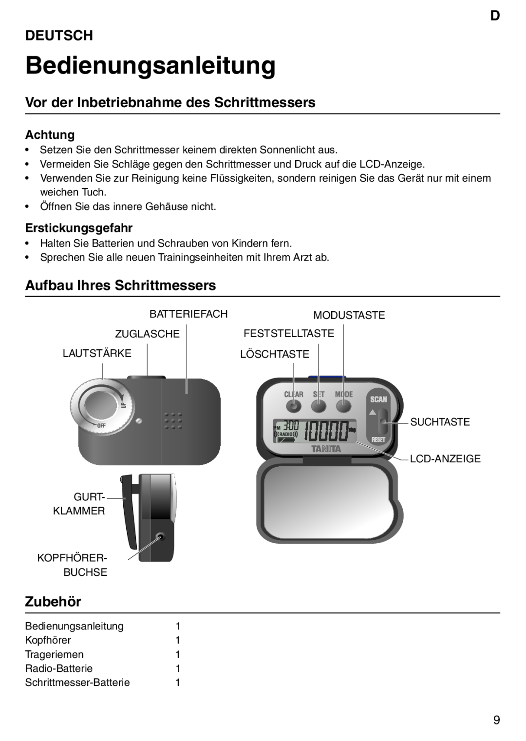 Tanita PD640 Bedienungsanleitung, D Deutsch, Vor der Inbetriebnahme des Schrittmessers, Aufbau Ihres Schrittmessers 