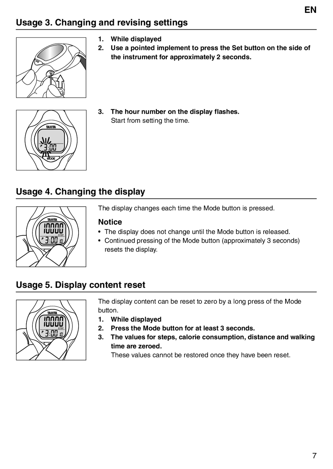 Tanita PD642 Usage 3. Changing and revising settings, Usage 4. Changing the display, Usage 5. Display content reset 