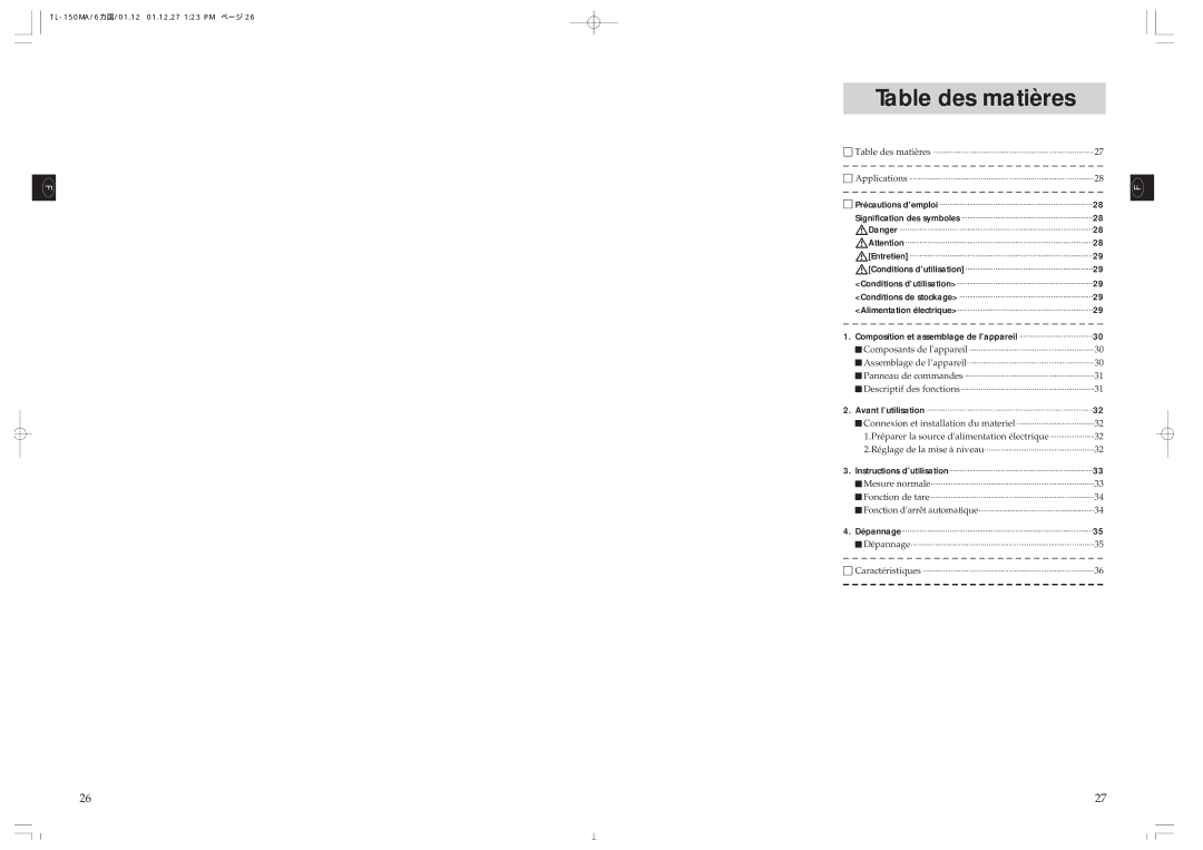 Tanita TL-150MA instruction manual Table des matières, Composition et assemblage de lappareil 