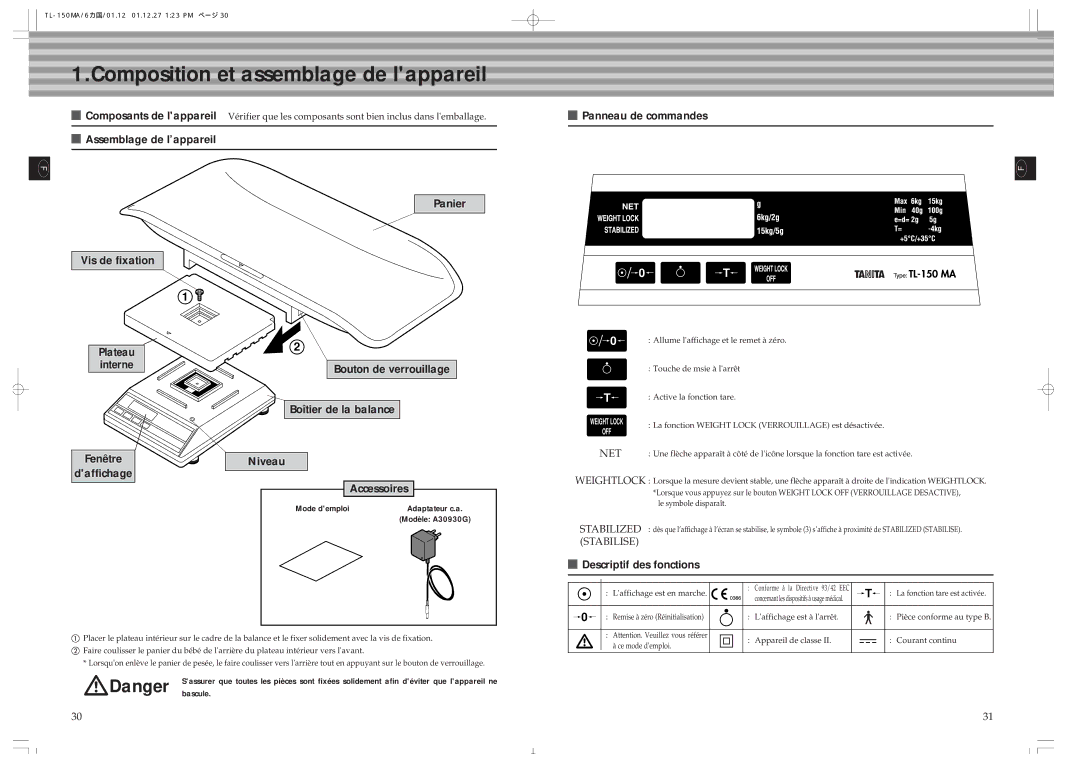 Tanita TL-150MA Composition et assemblage de lappareil, Niveau Daffichage Accessoires, Descriptif des fonctions, Fenêtre 