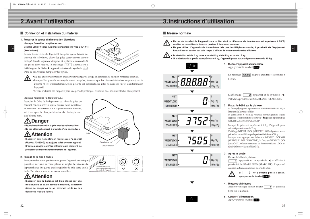 Tanita TL-150MA Avant l’utilisation, Instructions d’utilisation, MAttentionFiche, Connexion et installation du materiel 