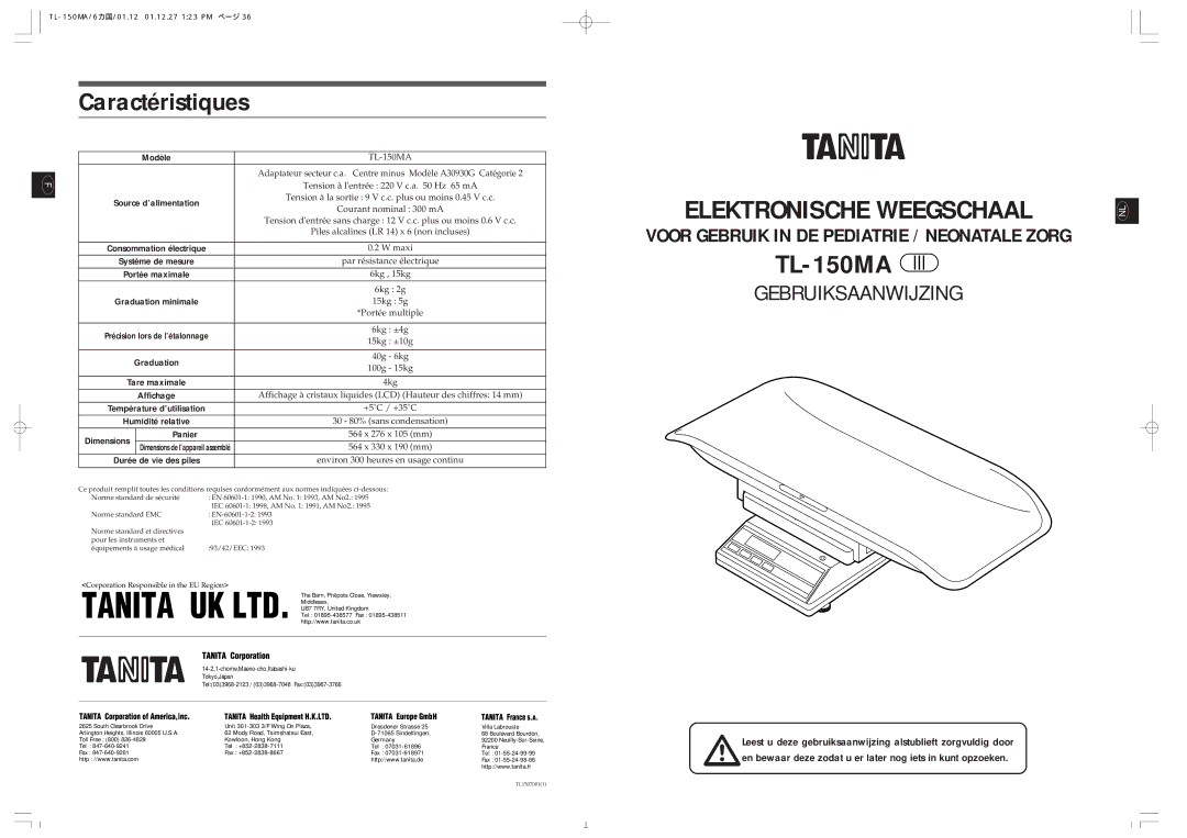 Tanita TL-150MA instruction manual Caractéristiques, Modèle, Affichage 