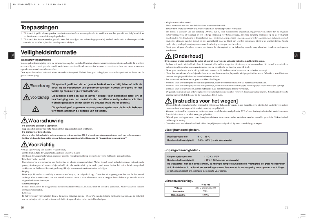 Tanita TL-150MA instruction manual Toepassingen, Veiligheidsinformatie 