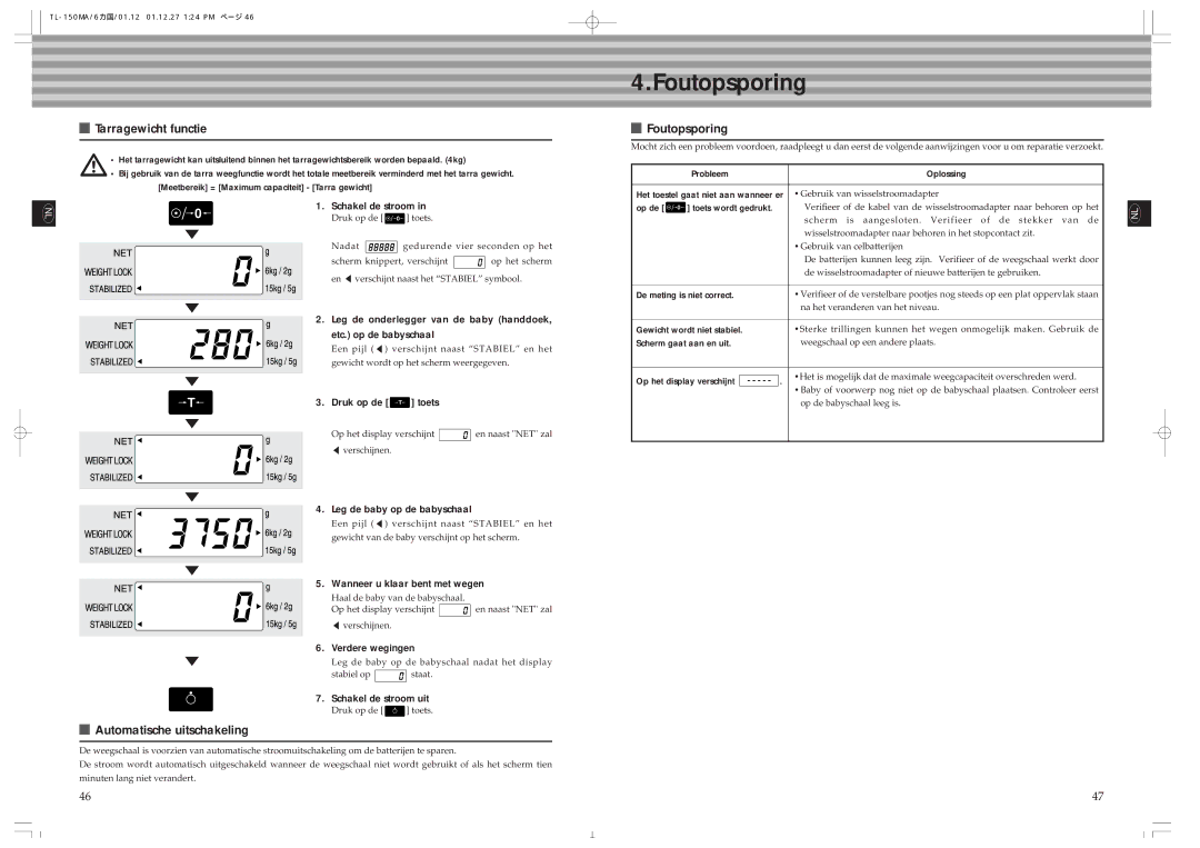 Tanita TL-150MA instruction manual Foutopsporing, Tarragewicht functie, Automatische uitschakeling 