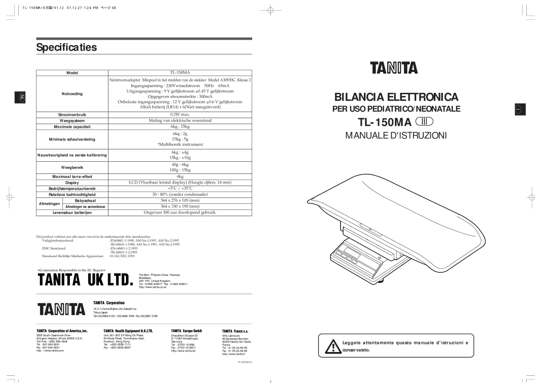 Tanita TL-150MA instruction manual Specificaties, Maximaal tarra-effect, Afmetingen 