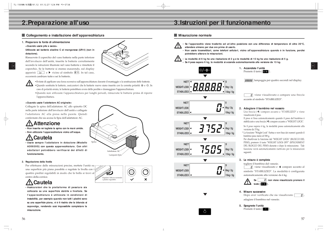 Tanita TL-150MA Preparazione alluso, Istruzioni per il funzionamento, Collegamento e installazione dellapparecchiatura 