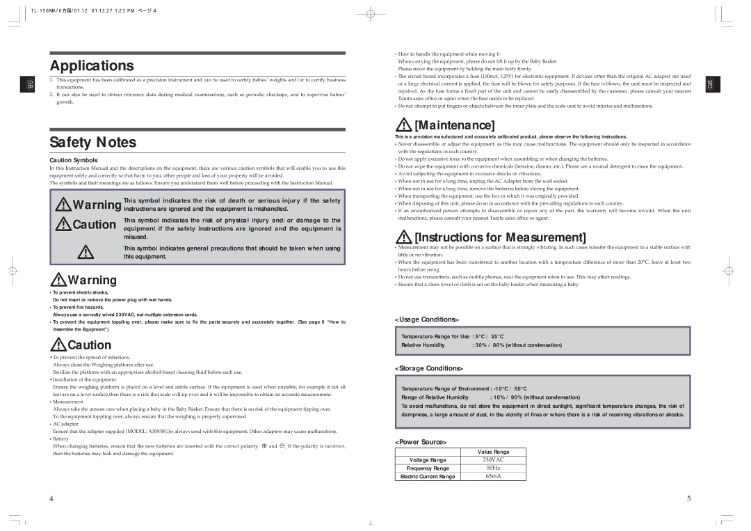 Tanita TL-150MA instruction manual Applications, Safety Notes 