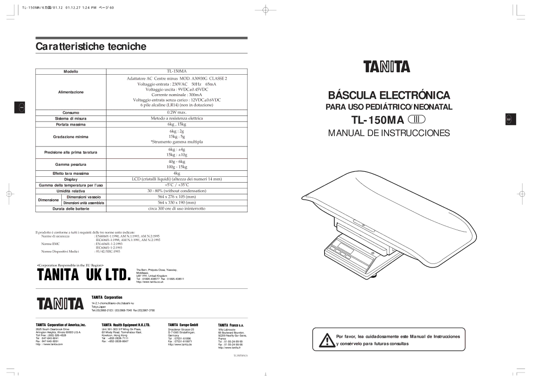 Tanita TL-150MA instruction manual Caratteristiche tecniche, Modello, Dimensione 