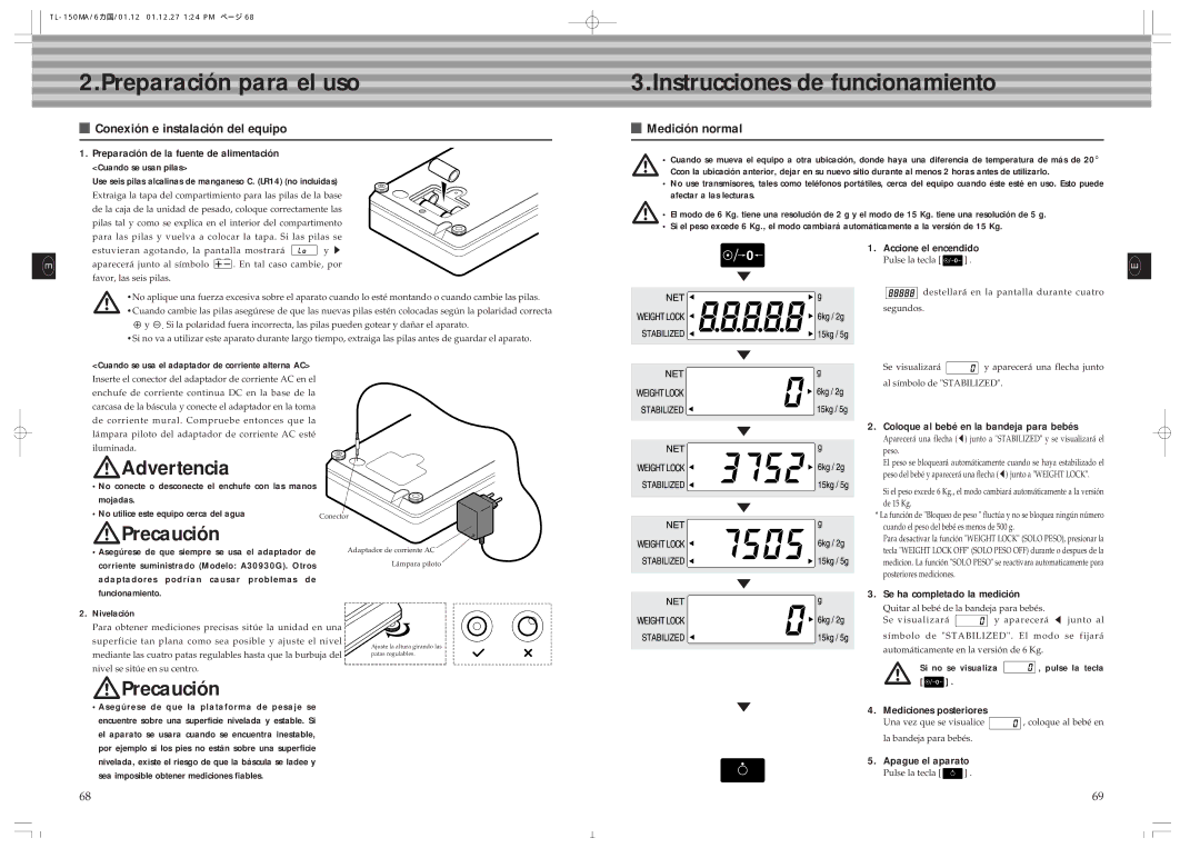 Tanita TL-150MA Preparación para el uso, Instrucciones de funcionamiento, Conexión e instalación del equipo 