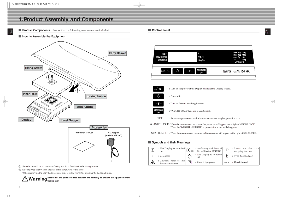 Tanita TL-150MA instruction manual Product Assembly and Components, Symbols and their Meanings, AC Adapter, ModelA30930G 