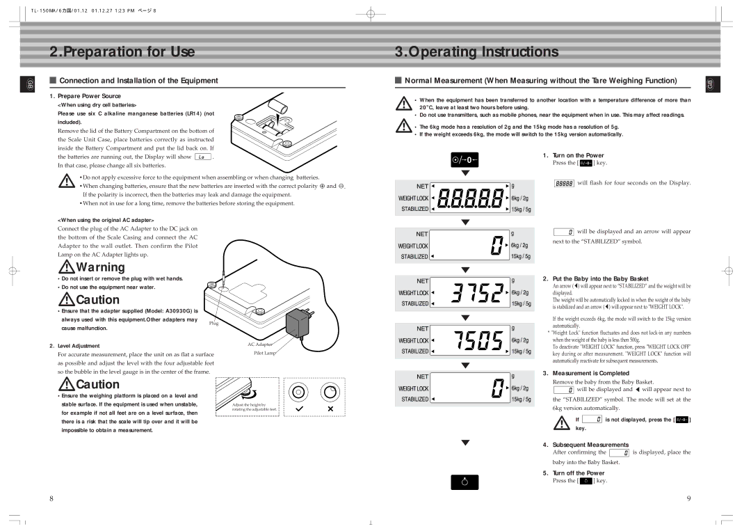 Tanita TL-150MA instruction manual Preparation for Use, Operating Instructions 