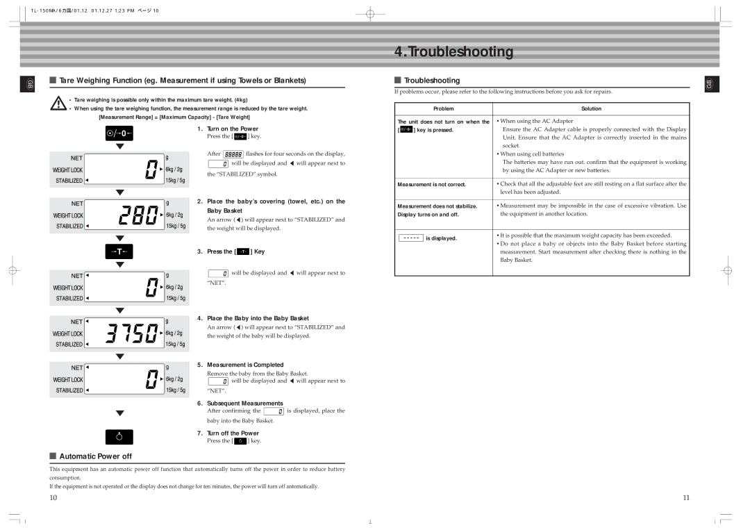 Tanita TL-150MA instruction manual Troubleshooting, Automatic Power off 