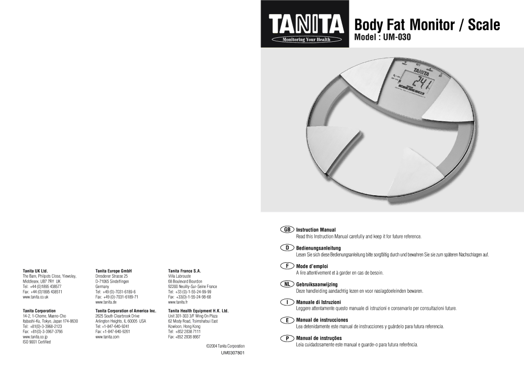 Tanita UM-030 instruction manual Bedienungsanleitung, Mode d’emploi, NL Gebruiksaanwijzing, Manuale di Istruzioni 