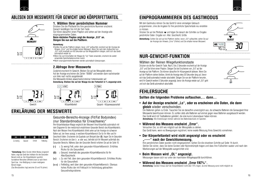 Tanita UM-030 instruction manual Erklärung DER Messwerte, Einprogrammieren DES Gastmodus, Nur-Gewicht-Funktion, Fehlersuche 