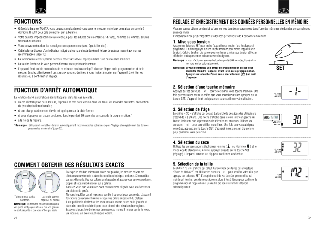 Tanita UM-030 instruction manual Fonctions, Fonction D’ARRÊT Automatique, Comment Obtenir DES Résultats Exacts 