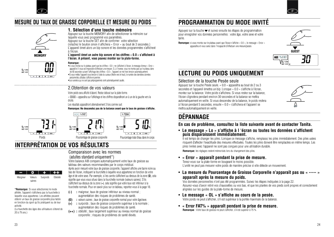 Tanita UM-030 Lecture DU Poids Uniquement, Dépannage, Mesure DU Taux DE Graisse Corporelle ET Mesure DU Poids 