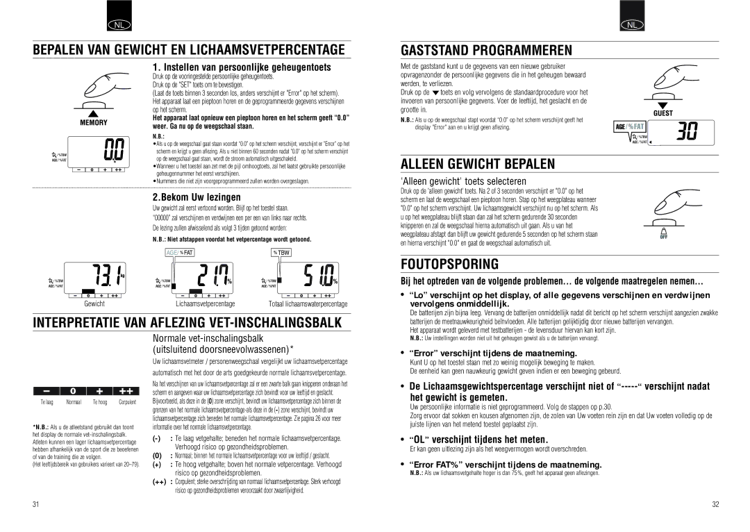 Tanita UM-030 Gaststand Programmeren, Alleen Gewicht Bepalen, Foutopsporing, Bepalen VAN Gewicht EN Lichaamsvetpercentage 