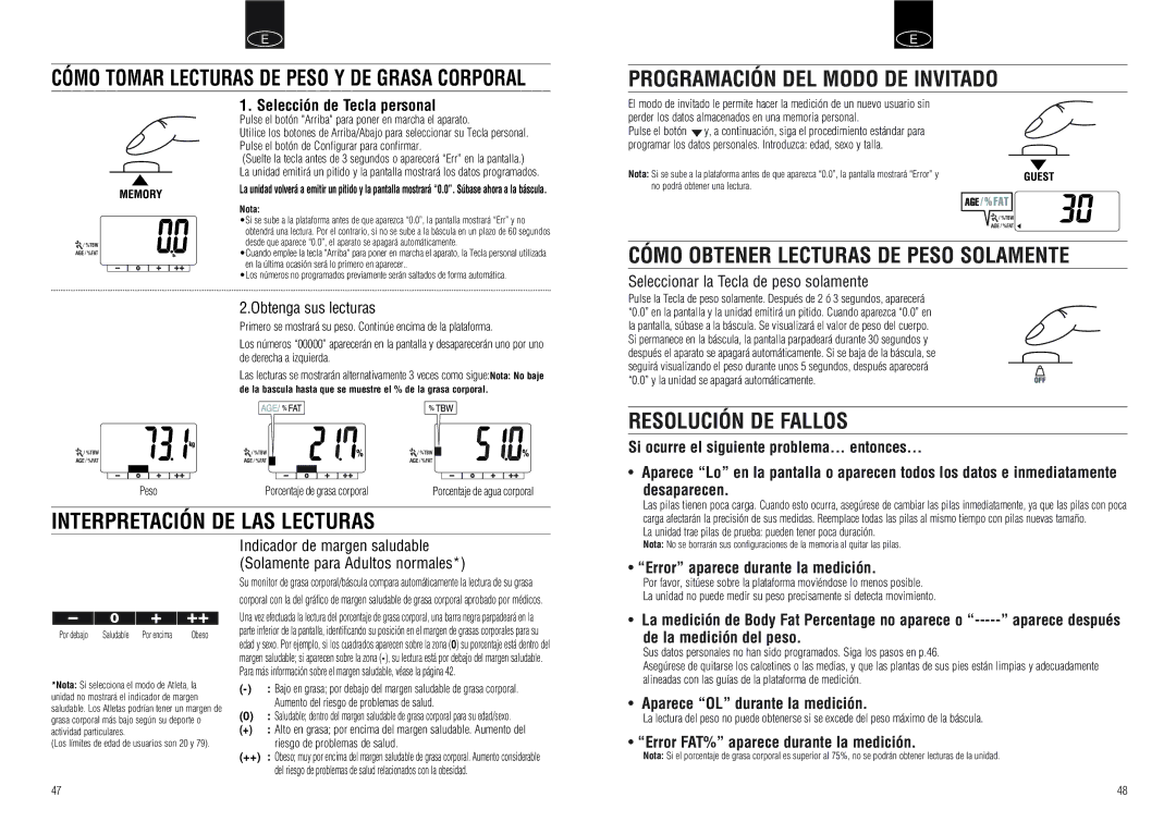 Tanita UM-030 instruction manual Cómo Obtener Lecturas DE Peso Solamente, Resolución DE Fallos 