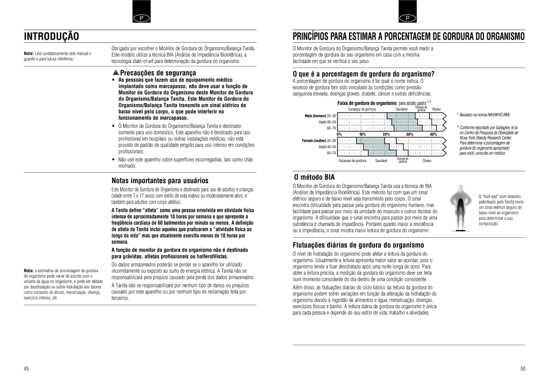 Tanita UM-030 instruction manual Introdução, Precauções de segurança, Notas importantes para usuários, Método BIA 