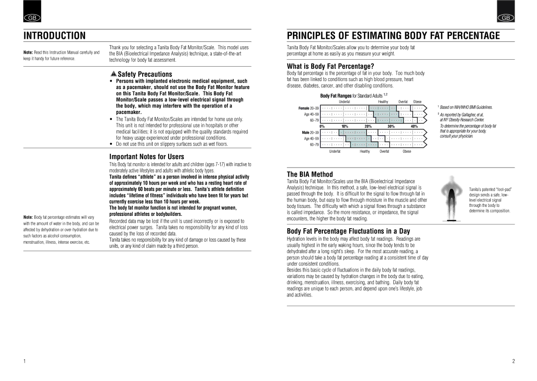 Tanita UM-030 instruction manual Introduction, Principles of Estimating Body FAT Percentage 