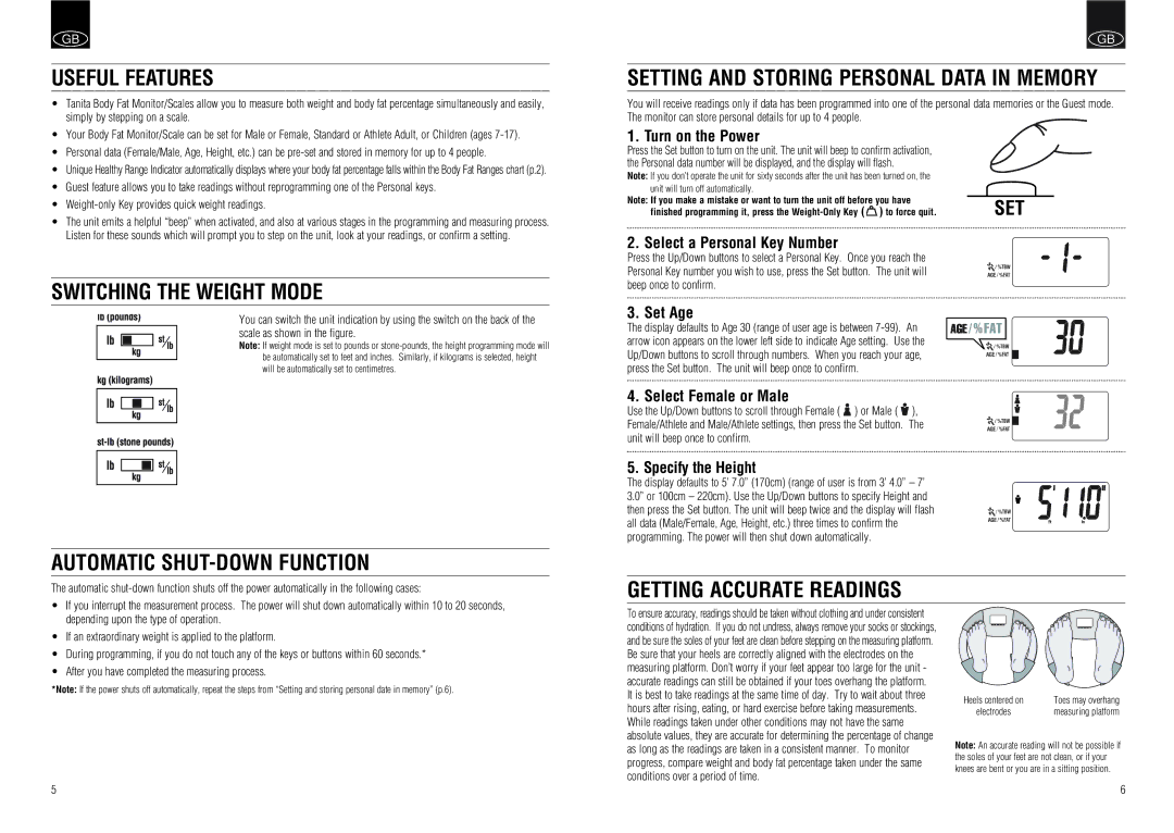 Tanita UM-030 Useful Features, Switching the Weight Mode, Automatic SHUT-DOWN Function, Getting Accurate Readings 