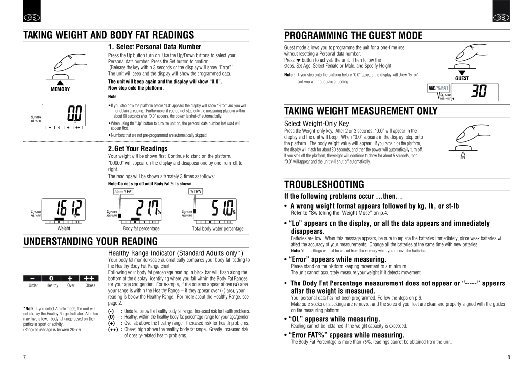 Tanita UM-030 Taking Weight and Body FAT Readings, Understanding Your Reading Programming the Guest Mode, Troubleshooting 