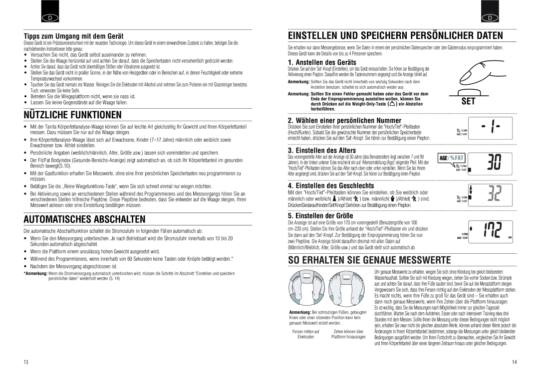 Tanita UM-030 instruction manual Nützliche Funktionen, Automatisches Abschalten, SO Erhalten SIE Genaue Messwerte 