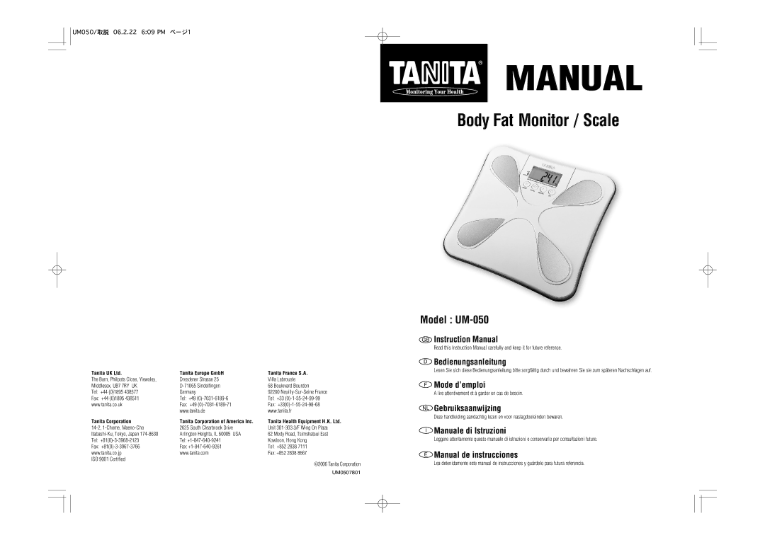 Tanita UM-050 instruction manual Bedienungsanleitung, Mode d’emploi, NL Gebruiksaanwijzing, Manuale di Istruzioni 