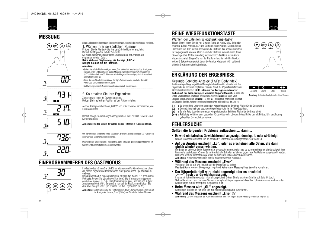 Tanita UM-050 Messung, Reine Wiegefunktionstaste, Erklärung DER Ergebnisse, Einprogrammieren DES Gastmodus, Fehlersuche 