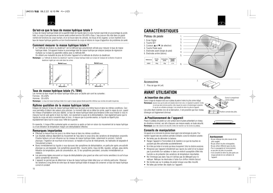 Tanita UM-050 instruction manual Caractéristiques, Avant Utilisation 