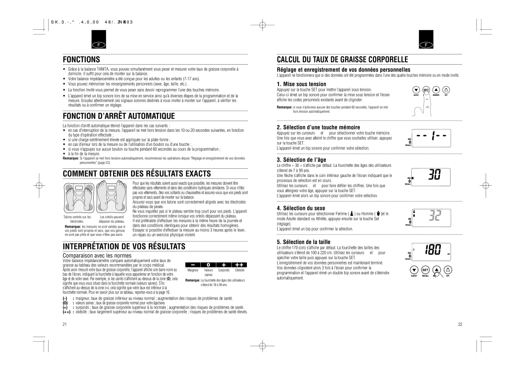 Tanita UM-050 instruction manual Fonctions, Fonction D’ARRÊT Automatique, Comment Obtenir DES Résultats Exacts 