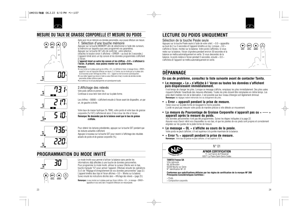 Tanita UM-050 instruction manual Programmation DU Mode Invité, Lecture DU Poids Uniquement, Dépannage 