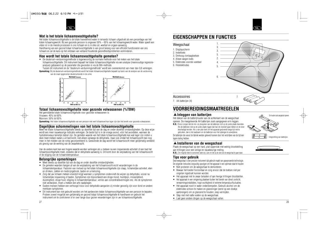 Tanita UM-050 instruction manual Eigenschappen EN Functies, Voorbereidingsmaatregelen 