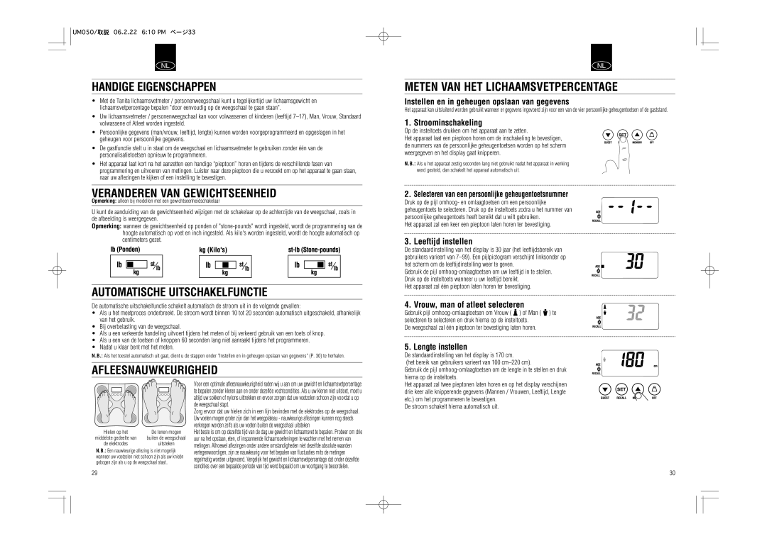 Tanita UM-050 instruction manual Handige Eigenschappen, Veranderen VAN Gewichtseenheid, Automatische Uitschakelfunctie 