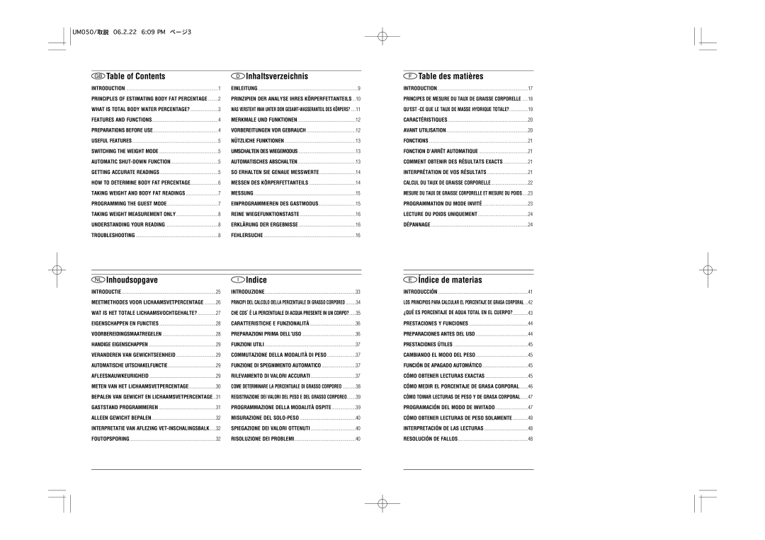 Tanita UM-050 GB Table of Contents Inhaltsverzeichnis, Table des matières, NL Inhoudsopgave, Indice, Índice de materias 